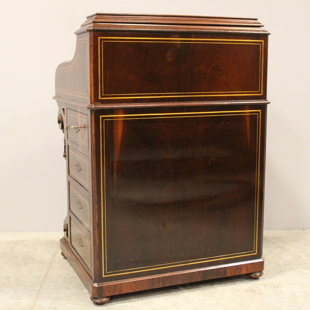 Antique Davenport Writing Desk In Rosewood And Marquetry In Brass - England 19th-photo-4