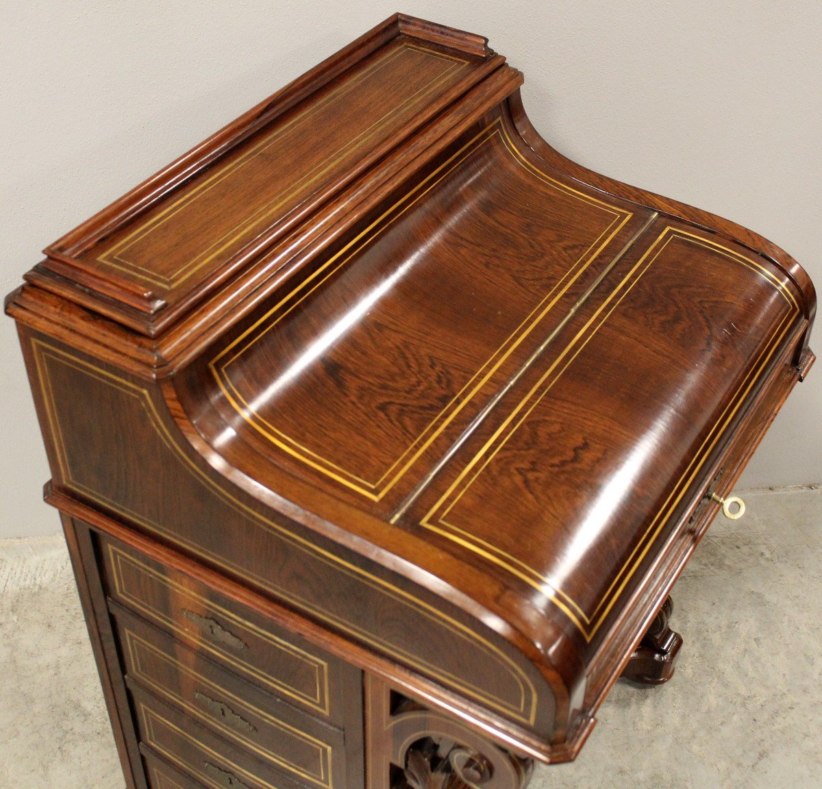 Antique Davenport Writing Desk In Rosewood And Marquetry In Brass - England 19th-photo-5