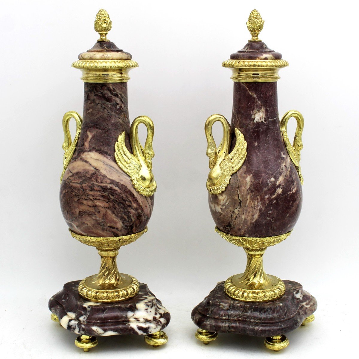 Antique Pair Of Napoleon III Vases Cassolettes In Gilt Bronze And Marble - 19th-photo-3