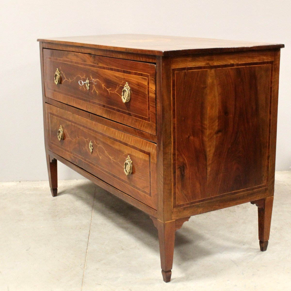 Antique Louis XVI Chest Of Drawers In Walnut And Marquetry Rolo - Italy 18th-photo-2