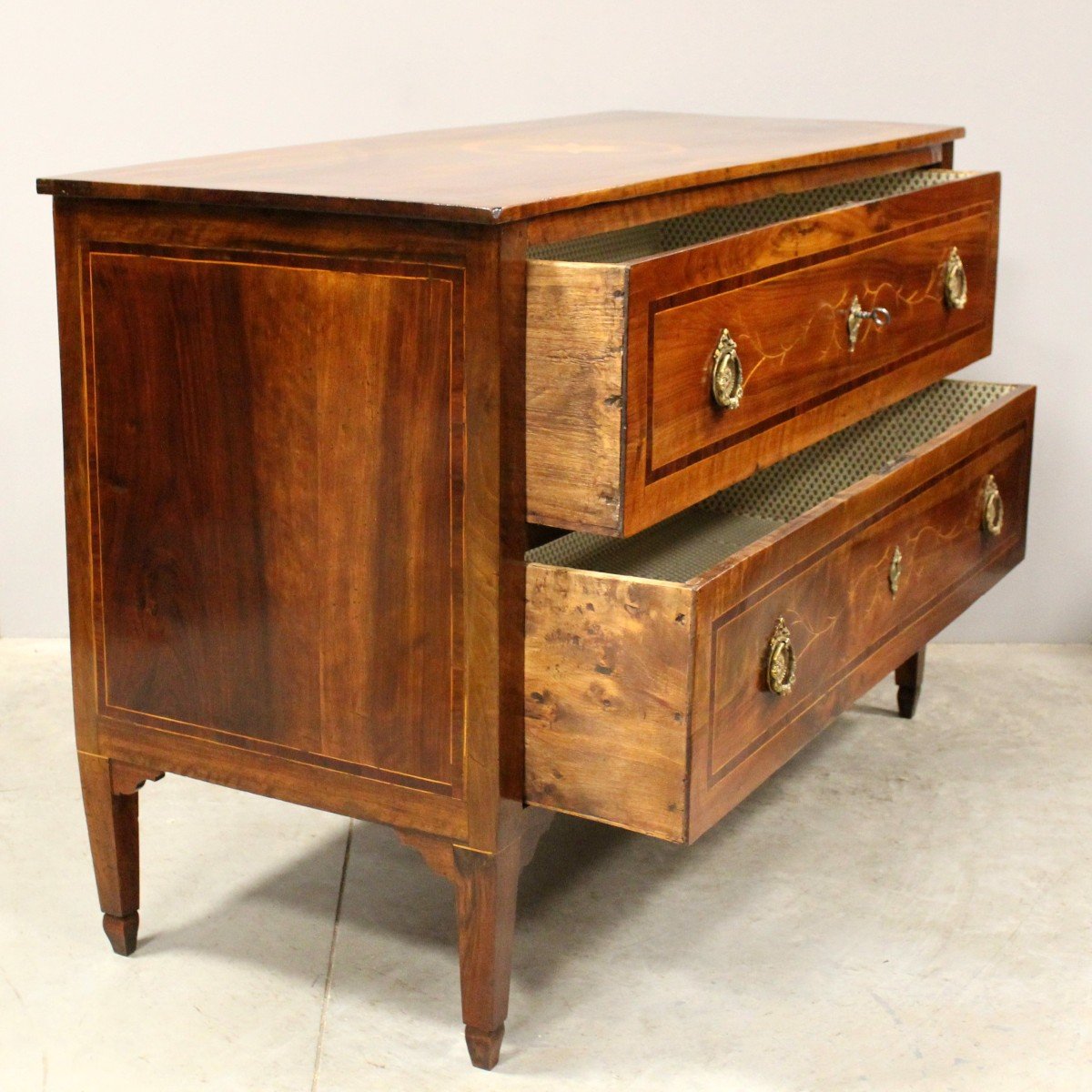 Antique Louis XVI Chest Of Drawers In Walnut And Marquetry Rolo - Italy 18th-photo-4