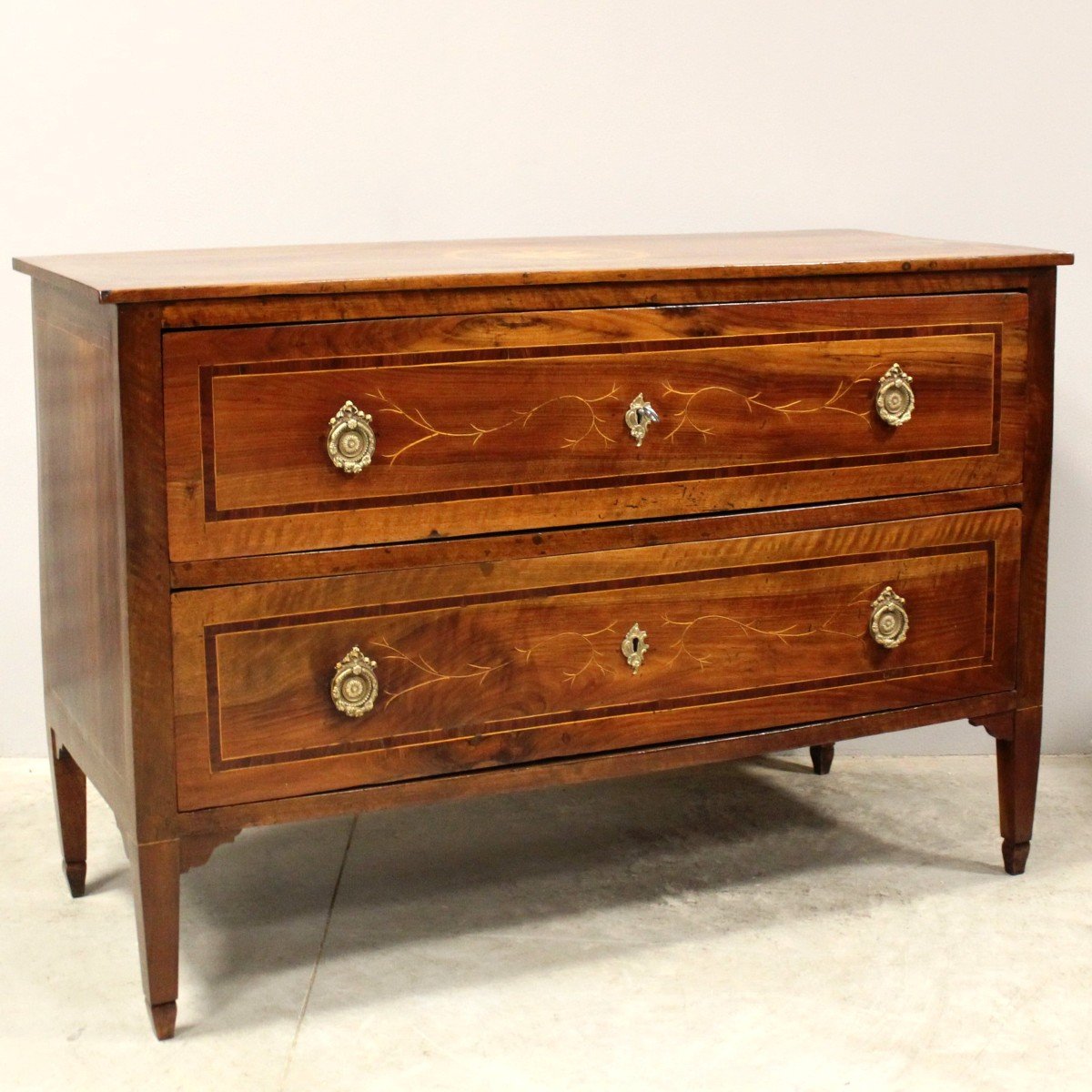 Antique Louis XVI Chest Of Drawers In Walnut And Marquetry Rolo - Italy 18th