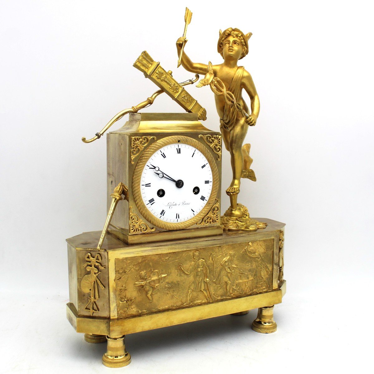 Antique Empire Pendulum Mantel Clock Ormolu In Bronze - 19th Signed-photo-2