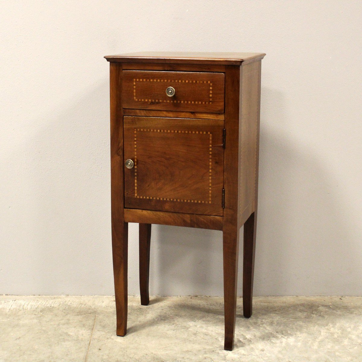 Antique Directoire Bedside Nightstand Table In Walnut And Marquetry - Italy 19th-photo-2
