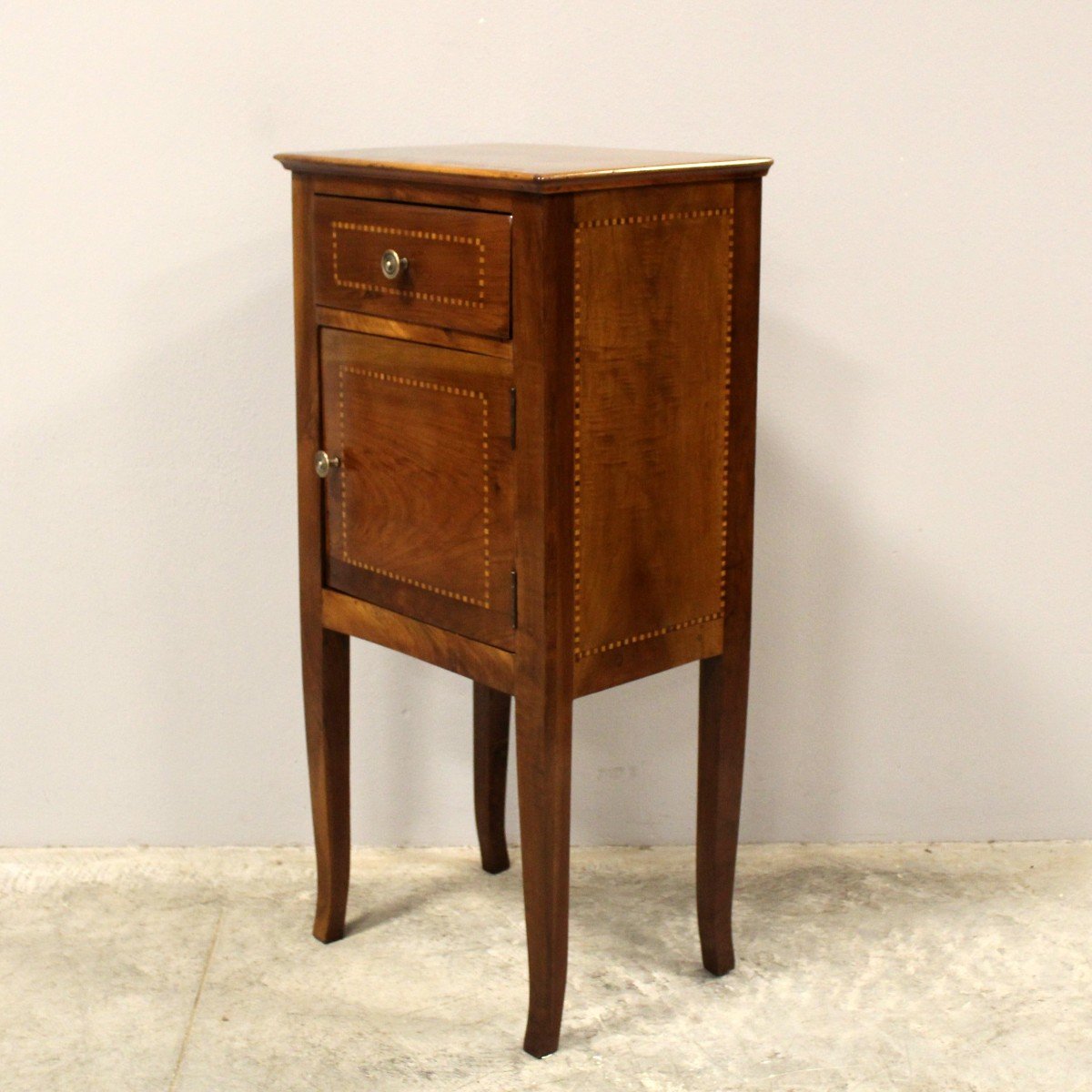 Antique Directoire Bedside Nightstand Table In Walnut And Marquetry - Italy 19th-photo-4