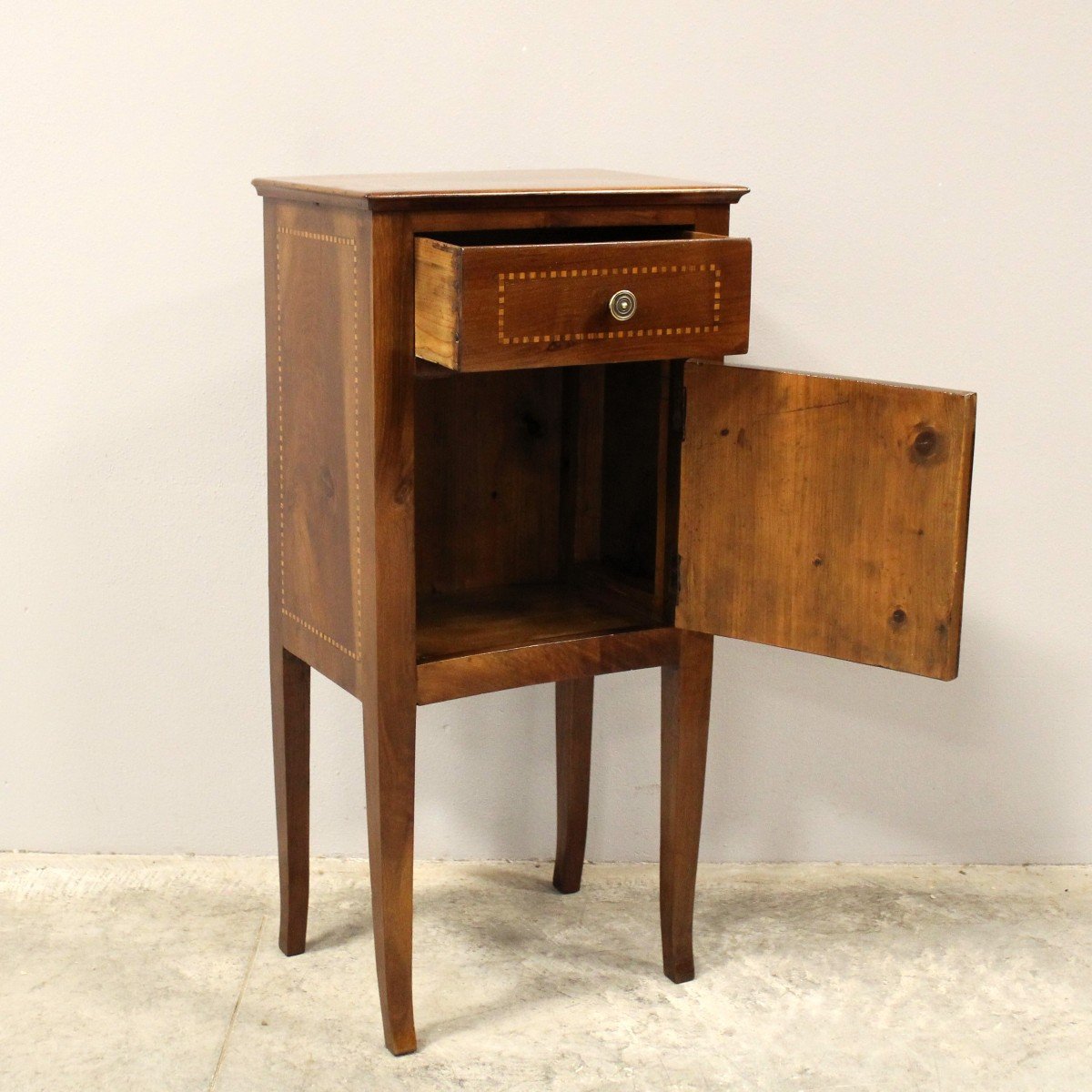 Antique Directoire Bedside Nightstand Table In Walnut And Marquetry - Italy 19th-photo-1
