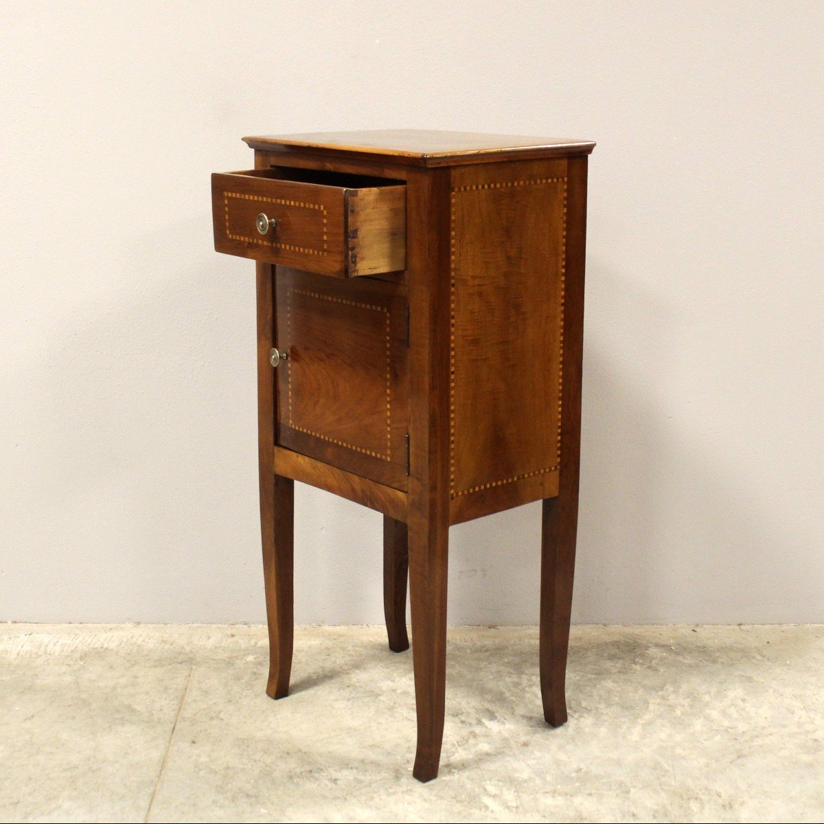 Antique Directoire Bedside Nightstand Table In Walnut And Marquetry - Italy 19th-photo-2