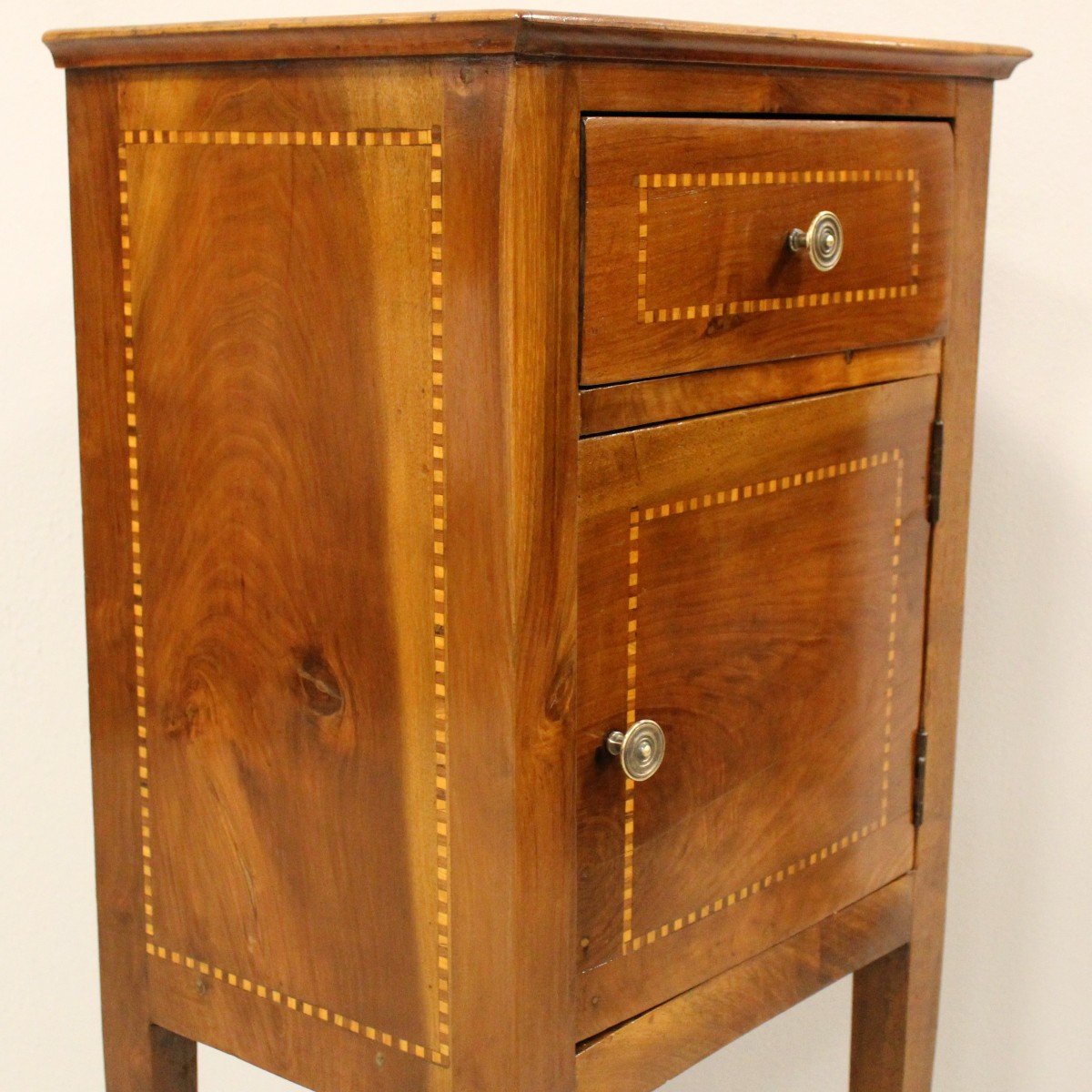 Antique Directoire Bedside Nightstand Table In Walnut And Marquetry - Italy 19th-photo-3