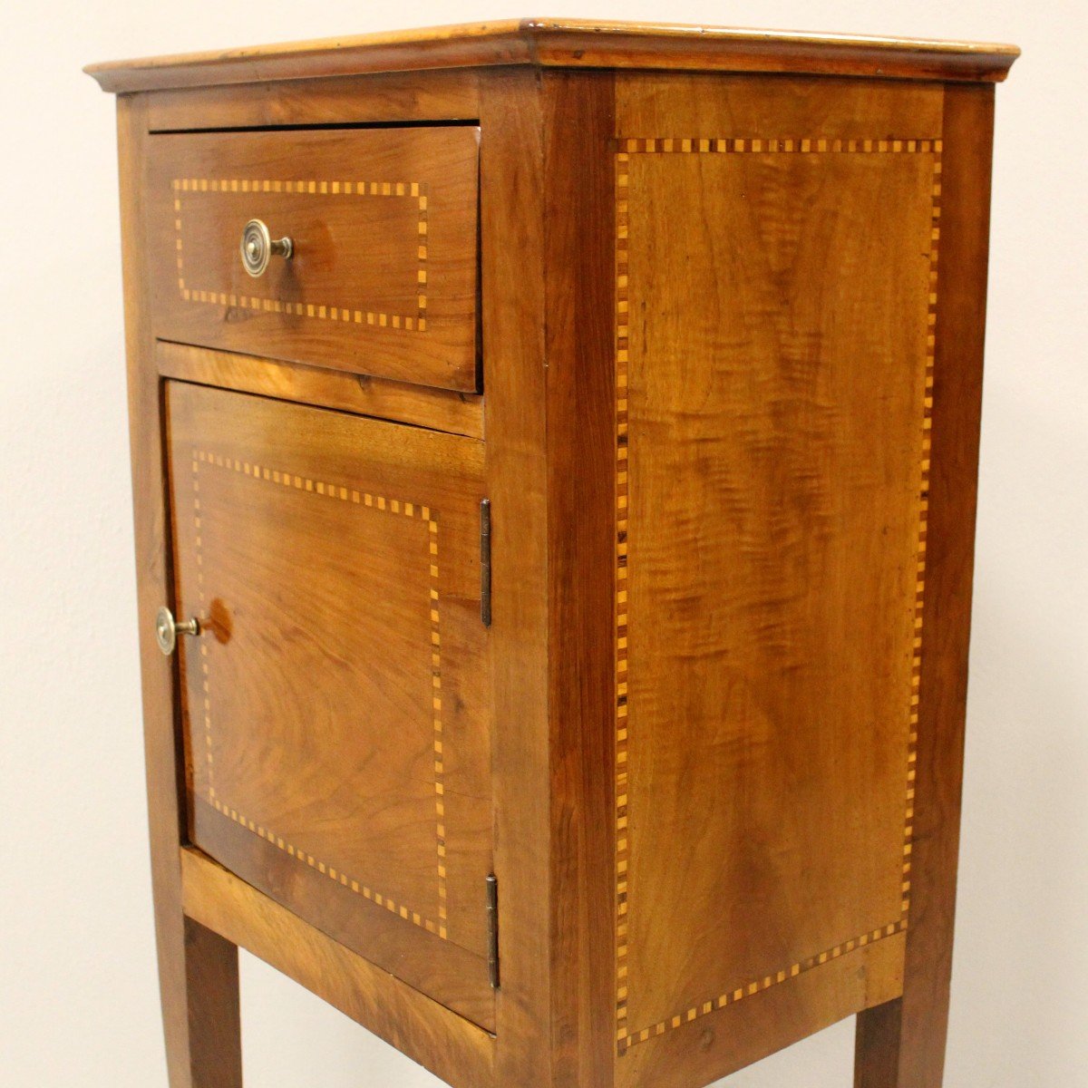 Antique Directoire Bedside Nightstand Table In Walnut And Marquetry - Italy 19th-photo-4