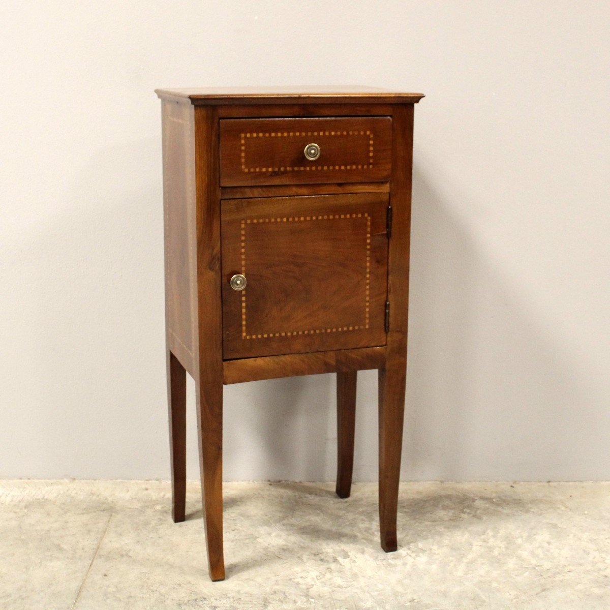 Antique Directoire Bedside Nightstand Table In Walnut And Marquetry - Italy 19th