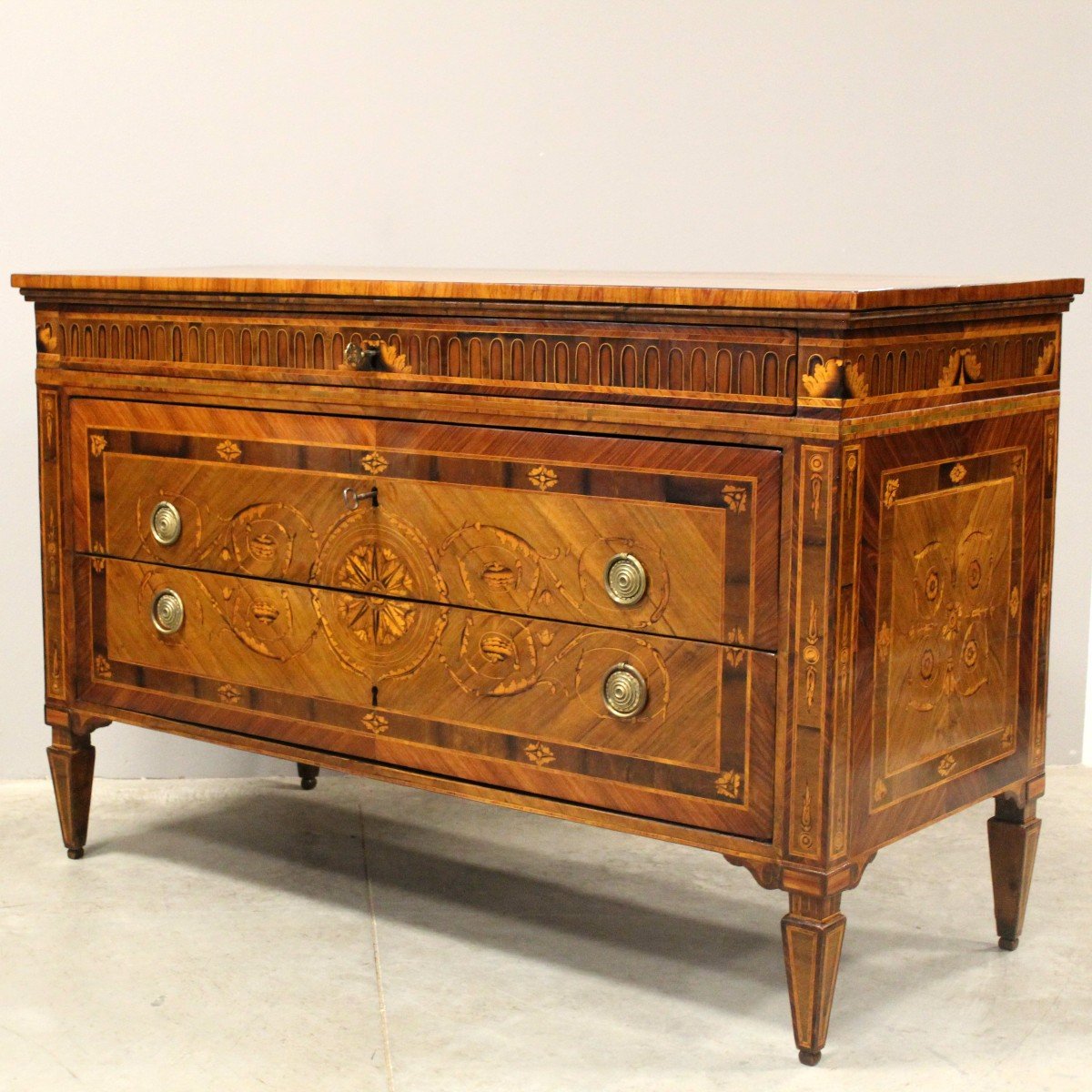 Antique Louis XVI Neoclassical Chest Of Drawers In Marquetry - Italy 18th-photo-2