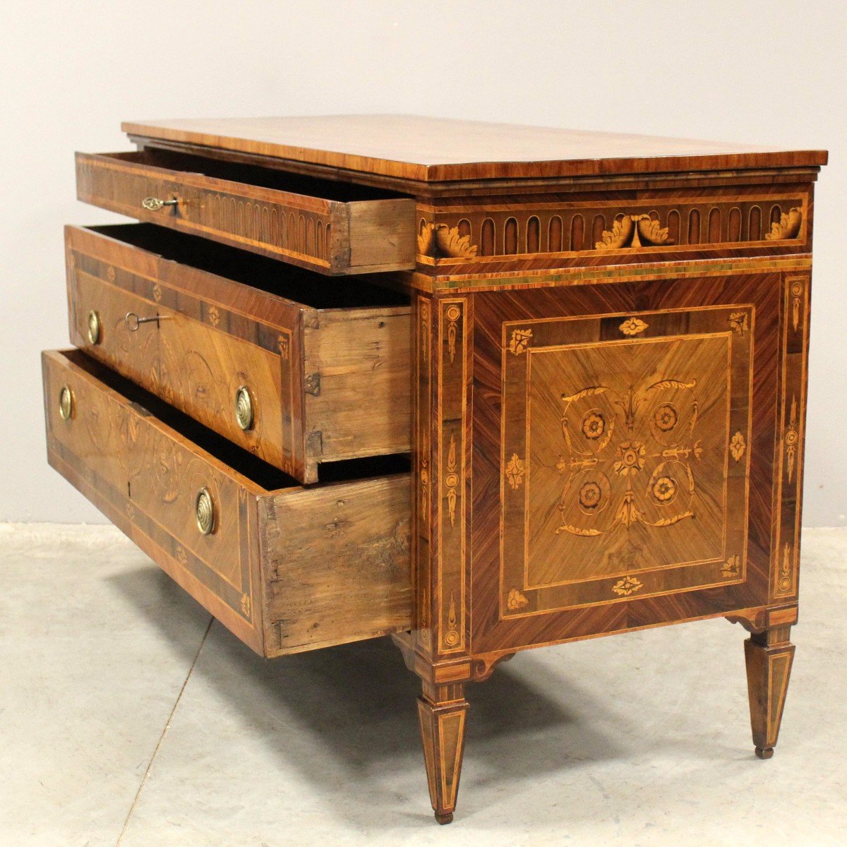 Antique Louis XVI Neoclassical Chest Of Drawers In Marquetry - Italy 18th-photo-7