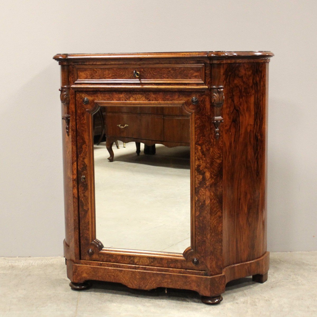 Antique Louis Philippe Sideboard Buffet Cabinet 1 Door With Mirror In Walnut - Italy 19th-photo-2