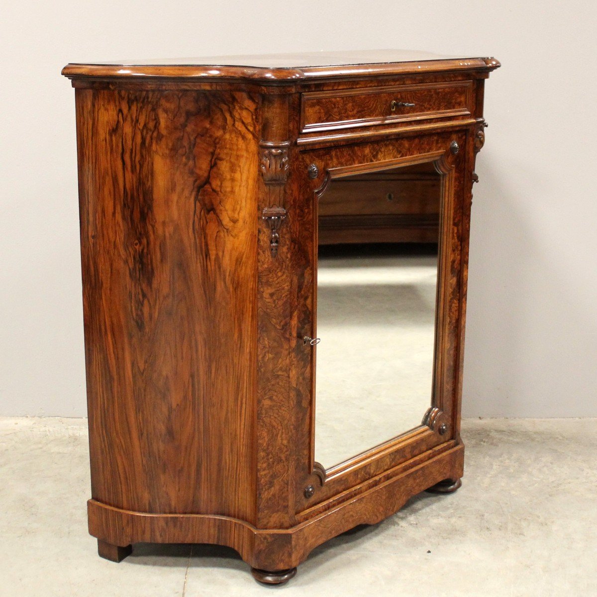 Antique Louis Philippe Sideboard Buffet Cabinet 1 Door With Mirror In Walnut - Italy 19th-photo-3