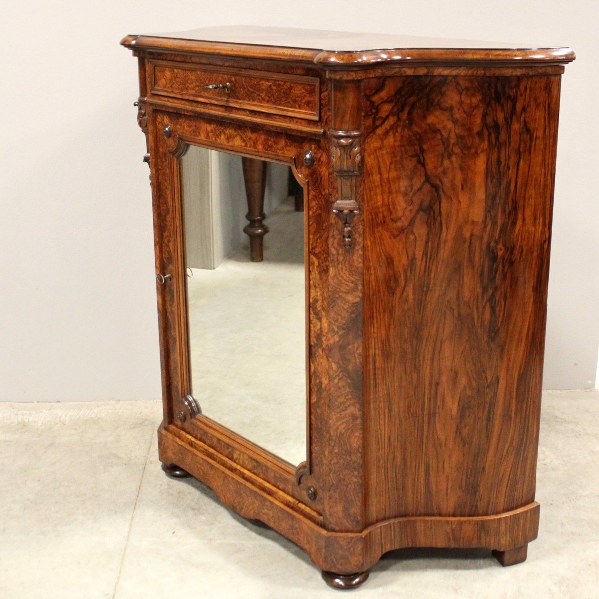 Antique Louis Philippe Sideboard Buffet Cabinet 1 Door With Mirror In Walnut - Italy 19th-photo-4