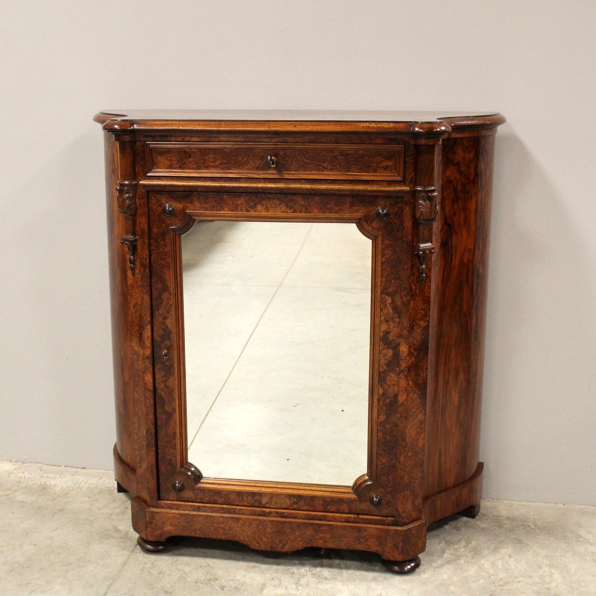 Antique Louis Philippe Sideboard Buffet Cabinet 1 Door With Mirror In Walnut - Italy 19th