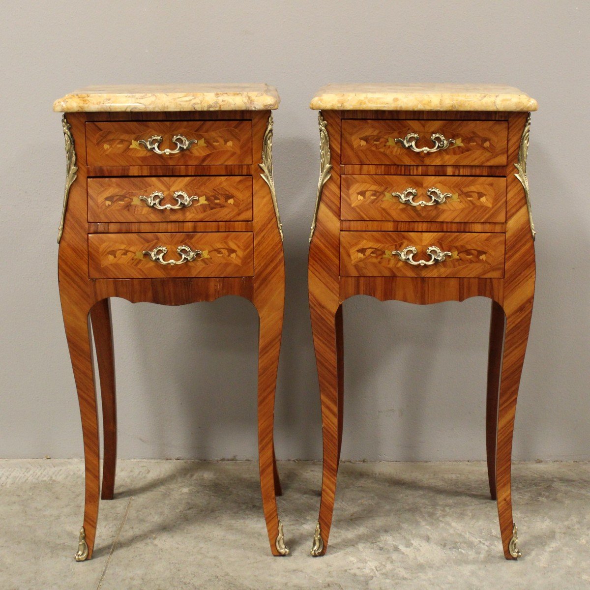 Antique Pair Of Napoleon III Bedsides Nightstands Tables In Marquetry-photo-2