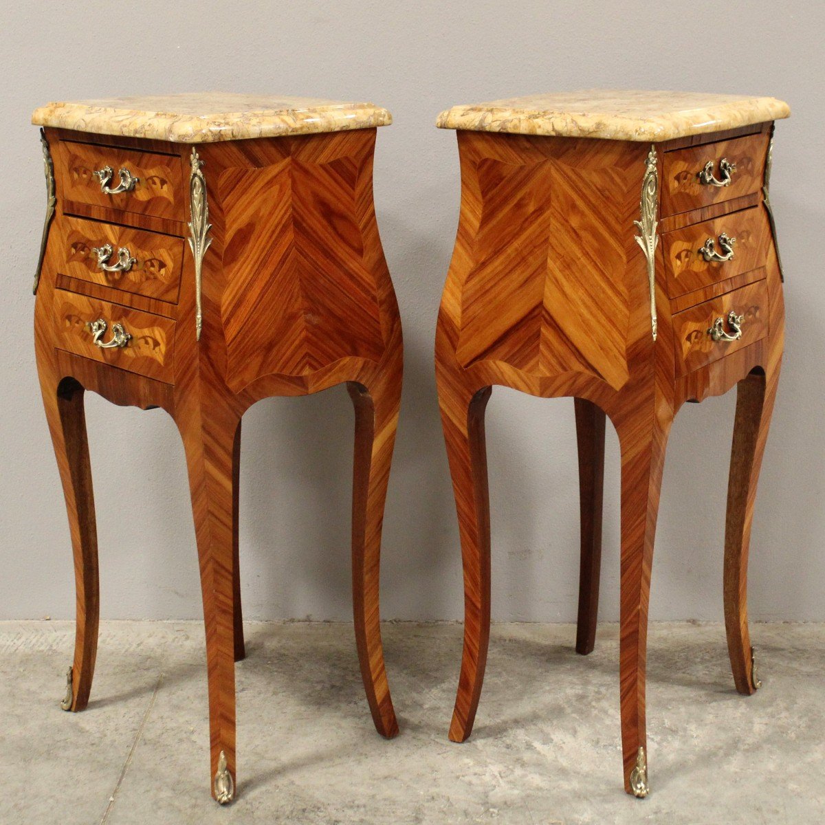 Antique Pair Of Napoleon III Bedsides Nightstands Tables In Marquetry-photo-3