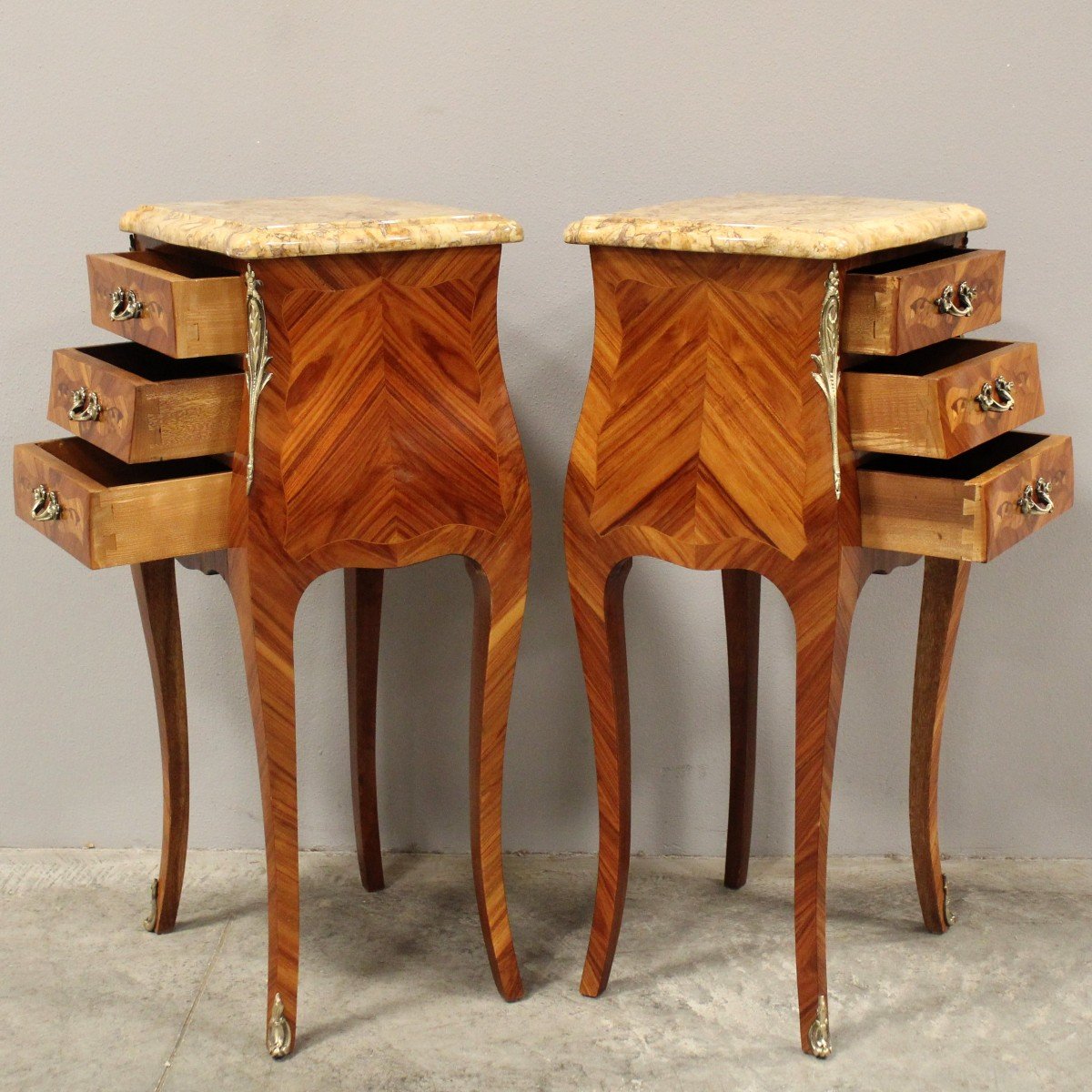 Antique Pair Of Napoleon III Bedsides Nightstands Tables In Marquetry-photo-1