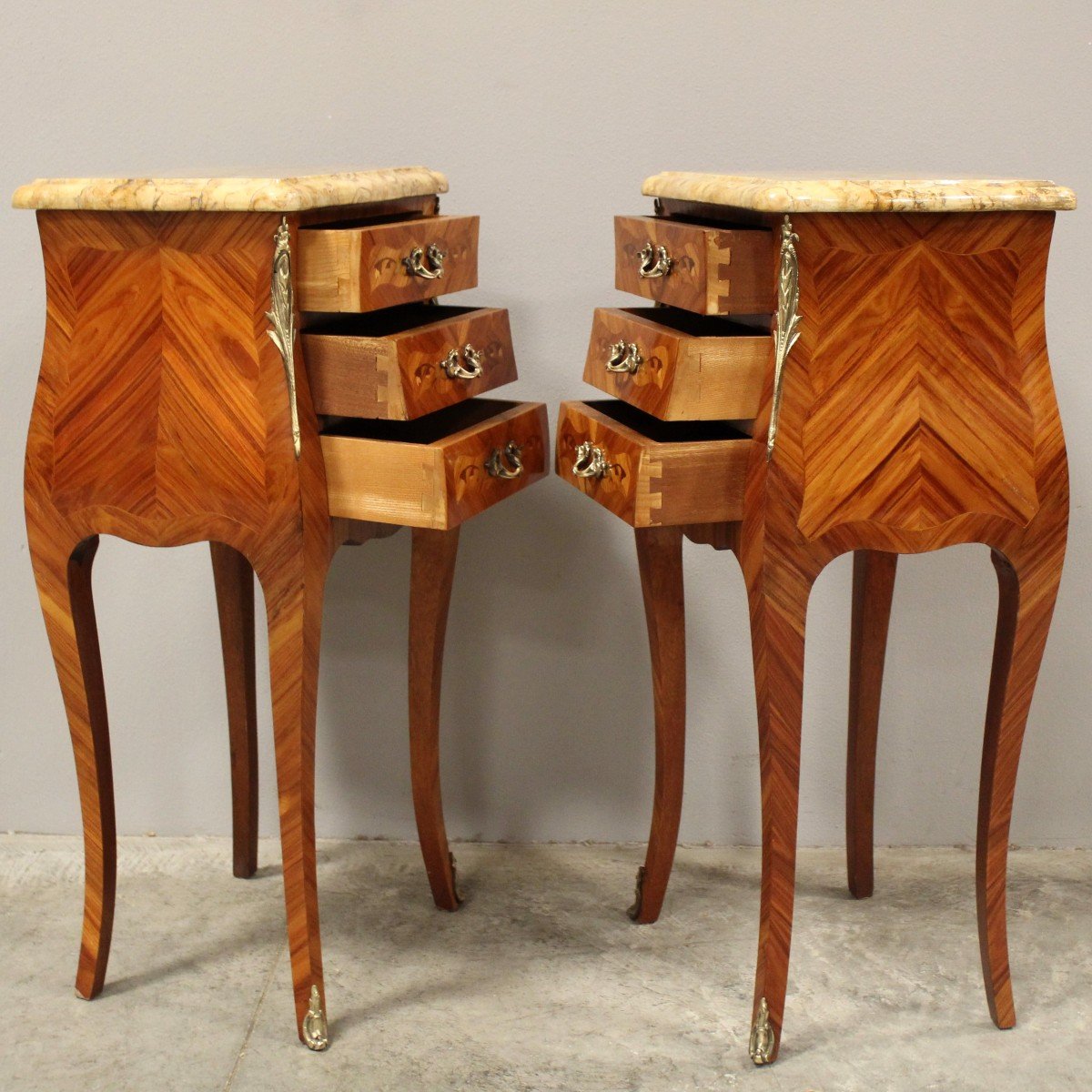 Antique Pair Of Napoleon III Bedsides Nightstands Tables In Marquetry-photo-2