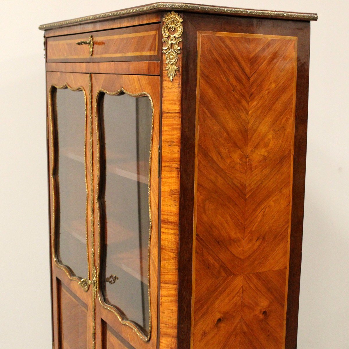 Antique Napoleon III Cabinet Showcase In Marquetry - 19th-photo-4