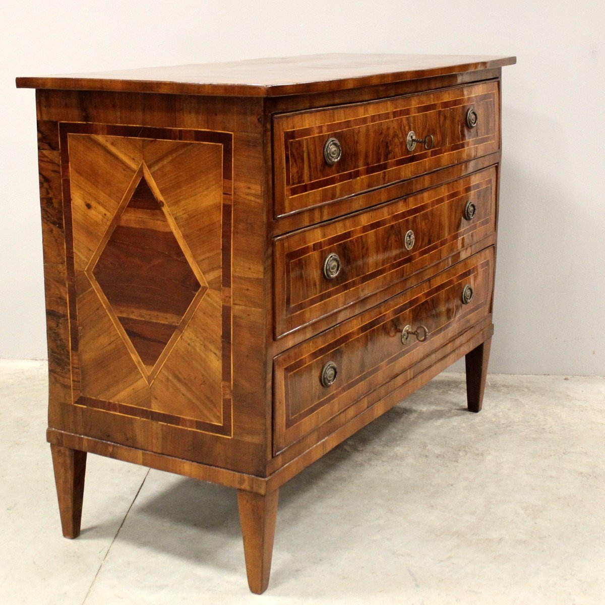 Antique Louis XVI Chest Of Drawers In Walnut Cherrywood And Marquetry - Italy 18th-photo-2