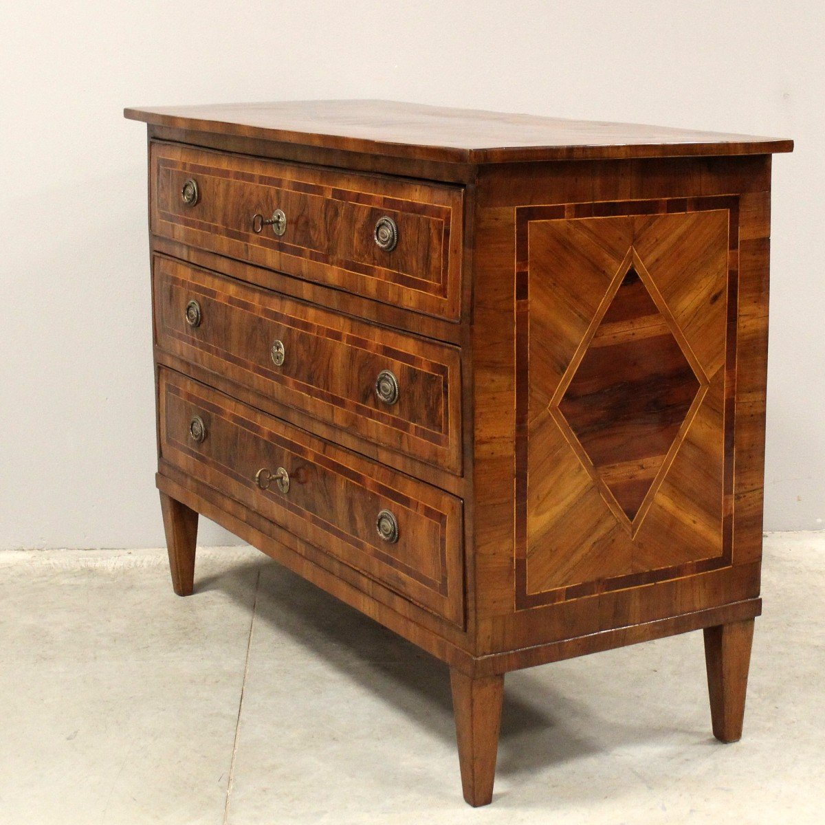 Antique Louis XVI Chest Of Drawers In Walnut Cherrywood And Marquetry - Italy 18th-photo-3