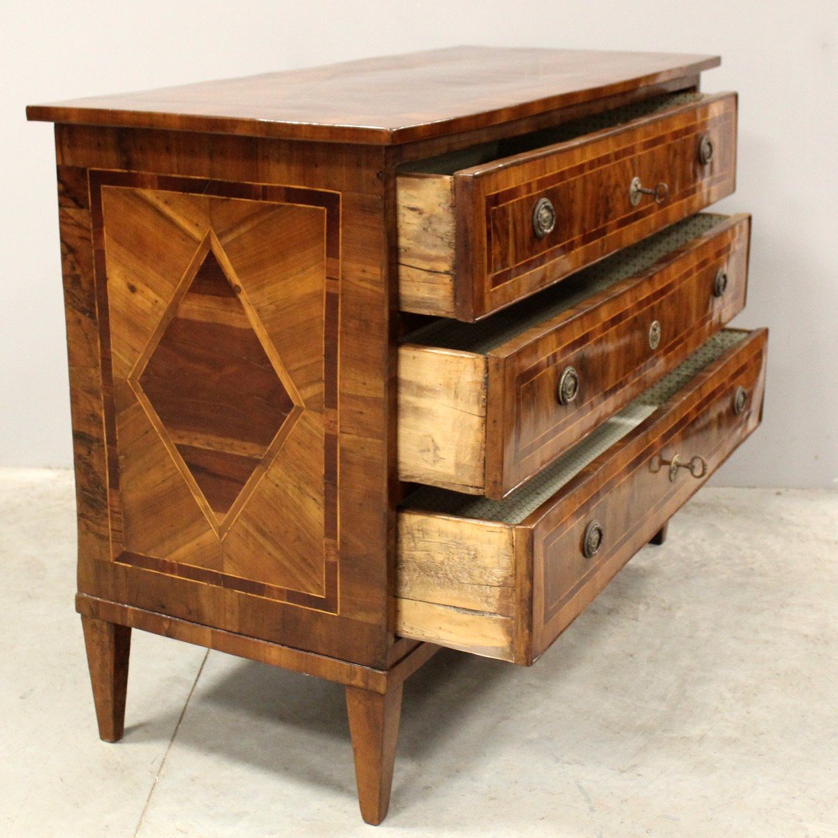 Antique Louis XVI Chest Of Drawers In Walnut Cherrywood And Marquetry - Italy 18th-photo-4