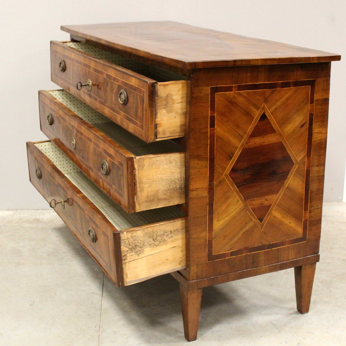 Antique Louis XVI Chest Of Drawers In Walnut Cherrywood And Marquetry - Italy 18th-photo-1