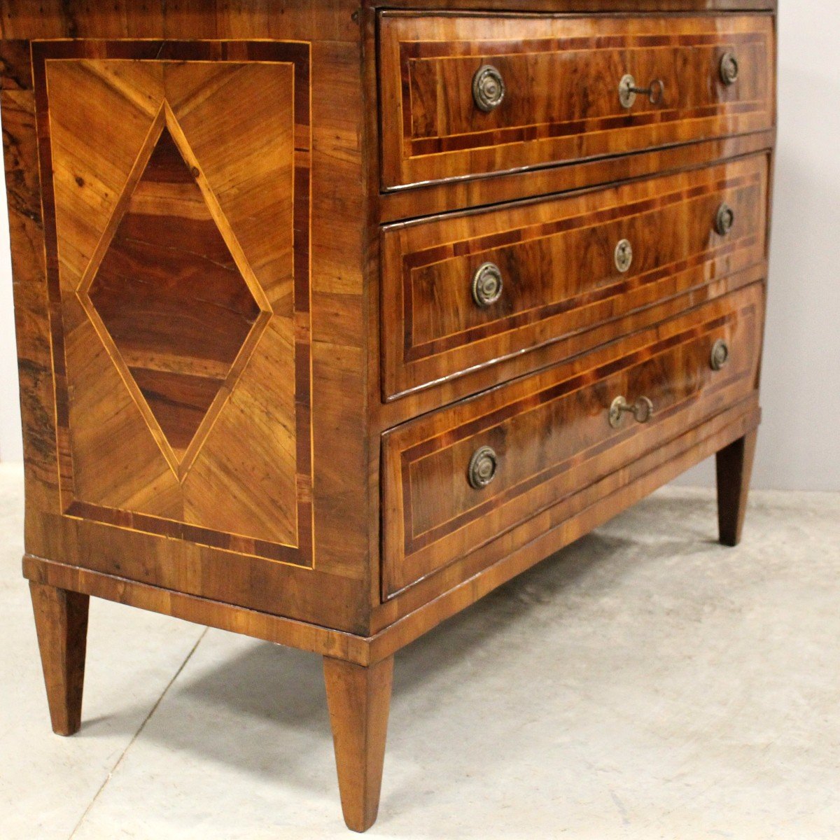 Antique Louis XVI Chest Of Drawers In Walnut Cherrywood And Marquetry - Italy 18th-photo-4