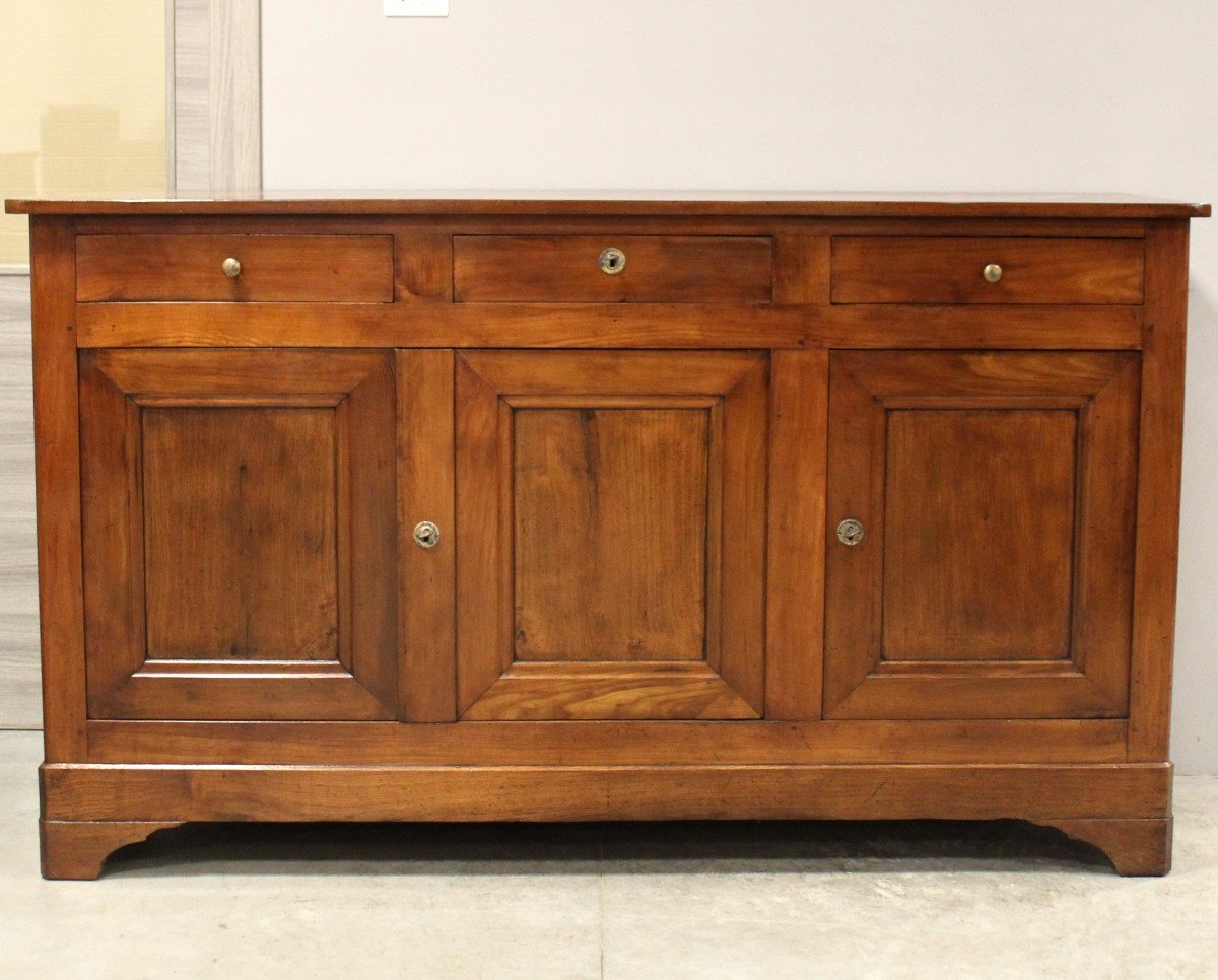 Antique Louis Philippe 3-doors Sideboard Dresser Cabinet Cupboard Buffet In Cherrywood - 19th-photo-3