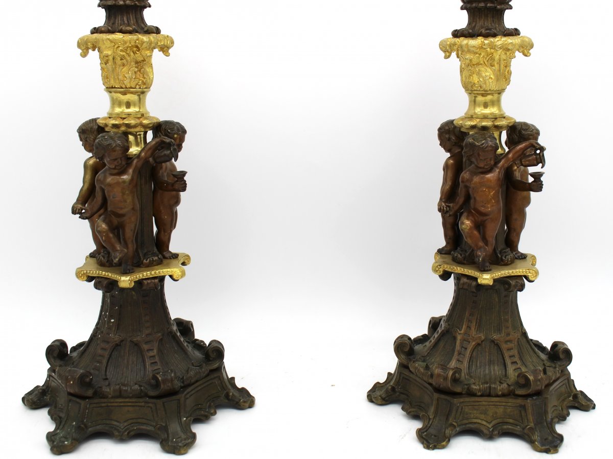 Antique Pair Of Empire Candlesticks (h.70) In Bronze - 19th Century -photo-2