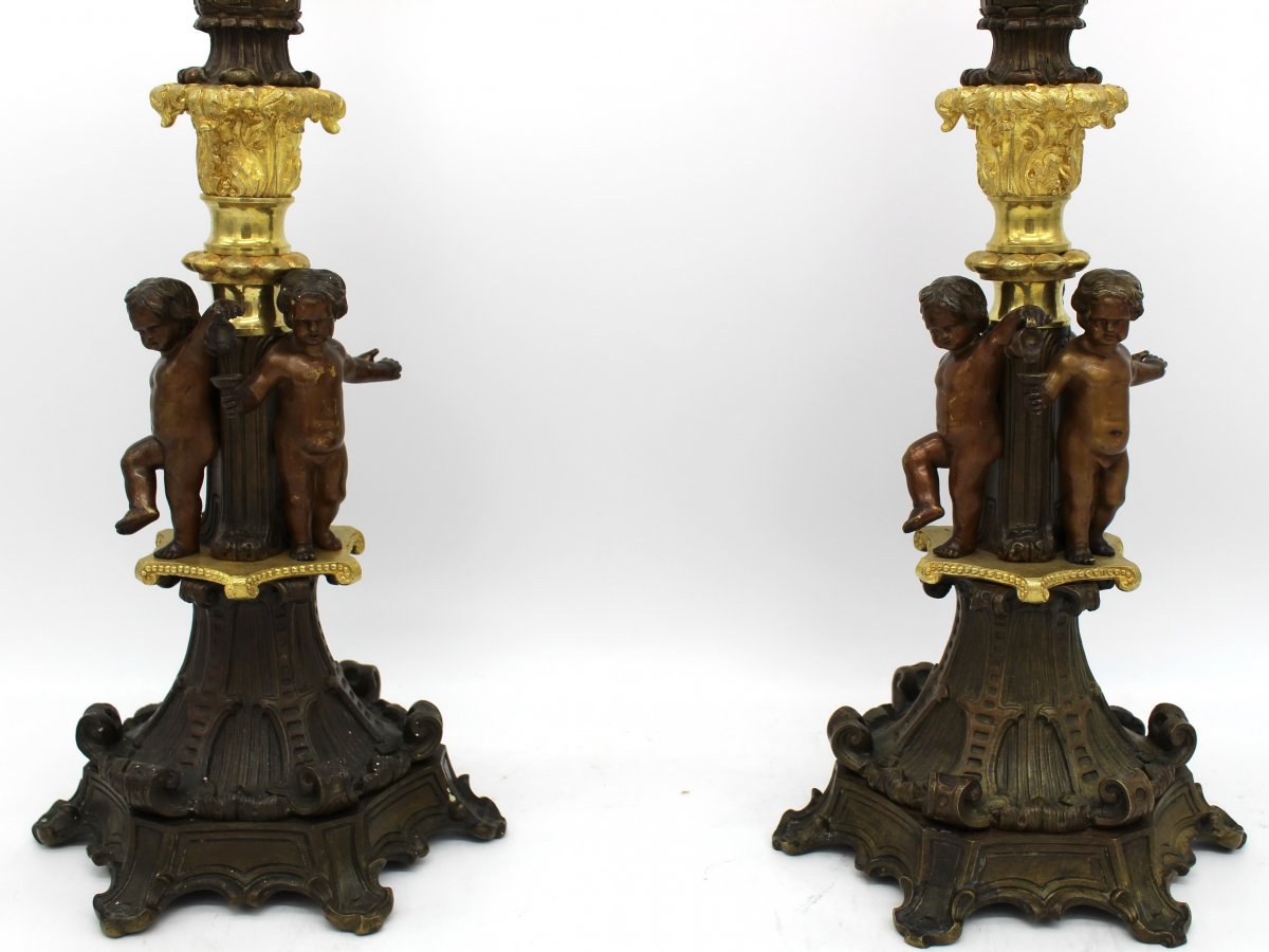 Antique Pair Of Empire Candlesticks (h.70) In Bronze - 19th Century -photo-3