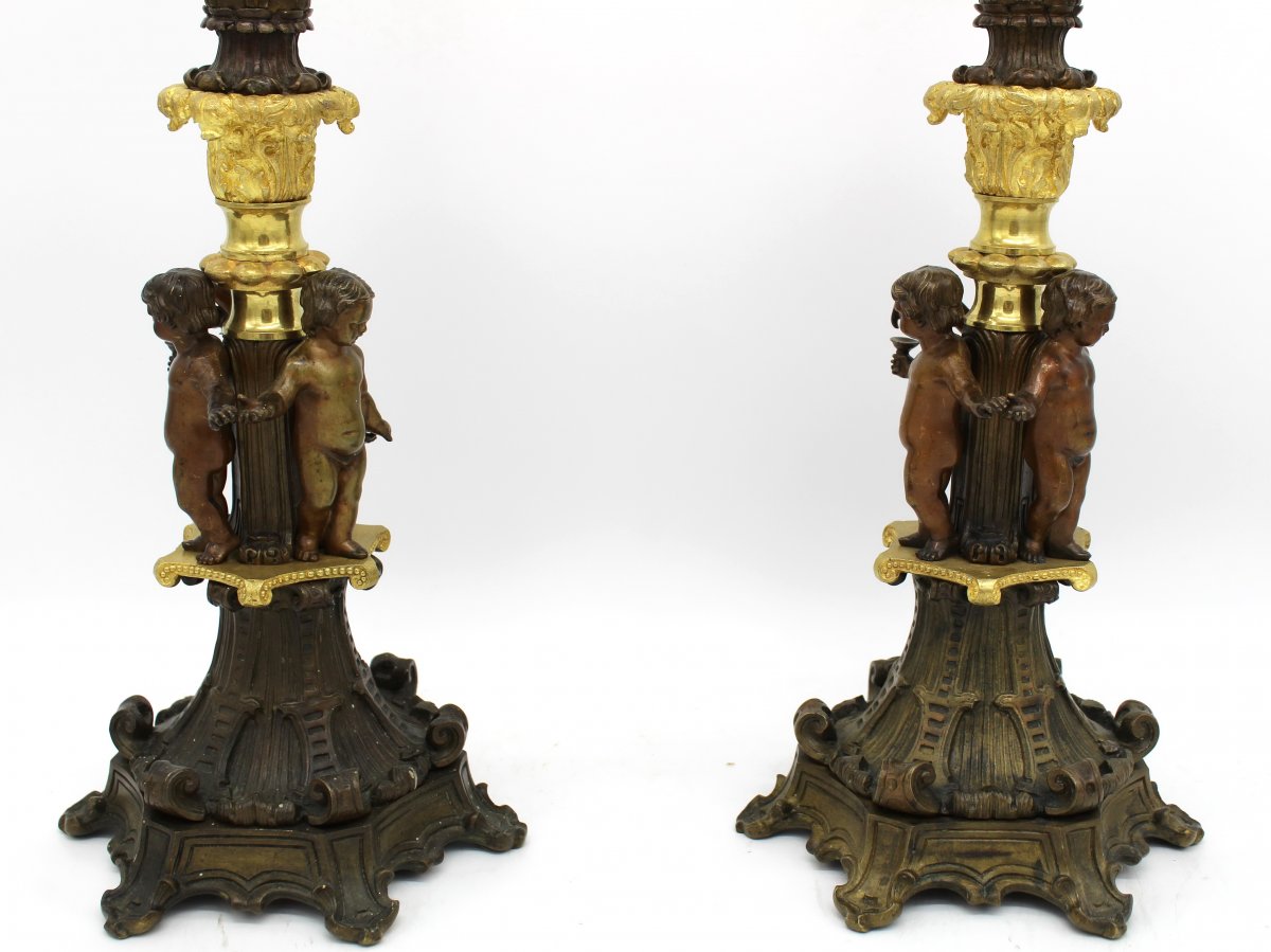 Antique Pair Of Empire Candlesticks (h.70) In Bronze - 19th Century -photo-1