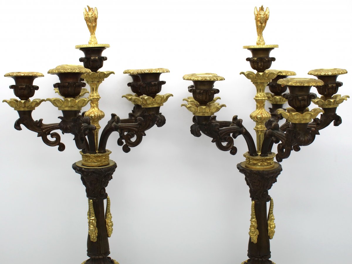 Antique Pair Of Empire Candlesticks (h.70) In Bronze - 19th Century -photo-2