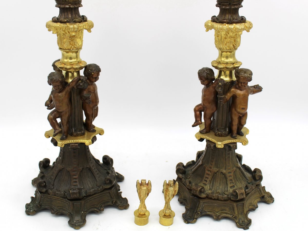 Antique Pair Of Empire Candlesticks (h.70) In Bronze - 19th Century -photo-3