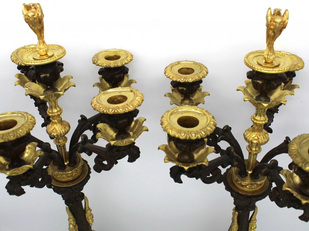 Antique Pair Of Empire Candlesticks (h.70) In Bronze - 19th Century -photo-4