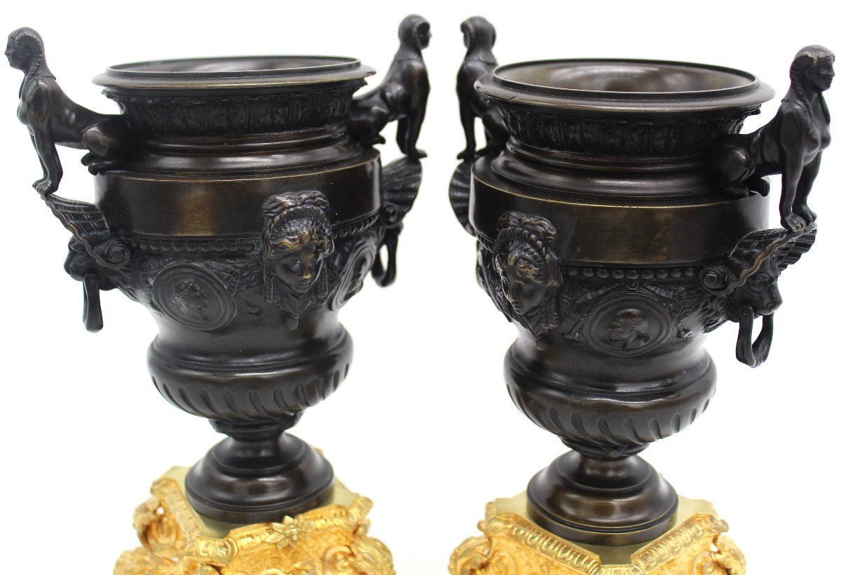 Antique Pair Of Napoleon III Cassolette Vases Cups  In Bronze - 19th-photo-1