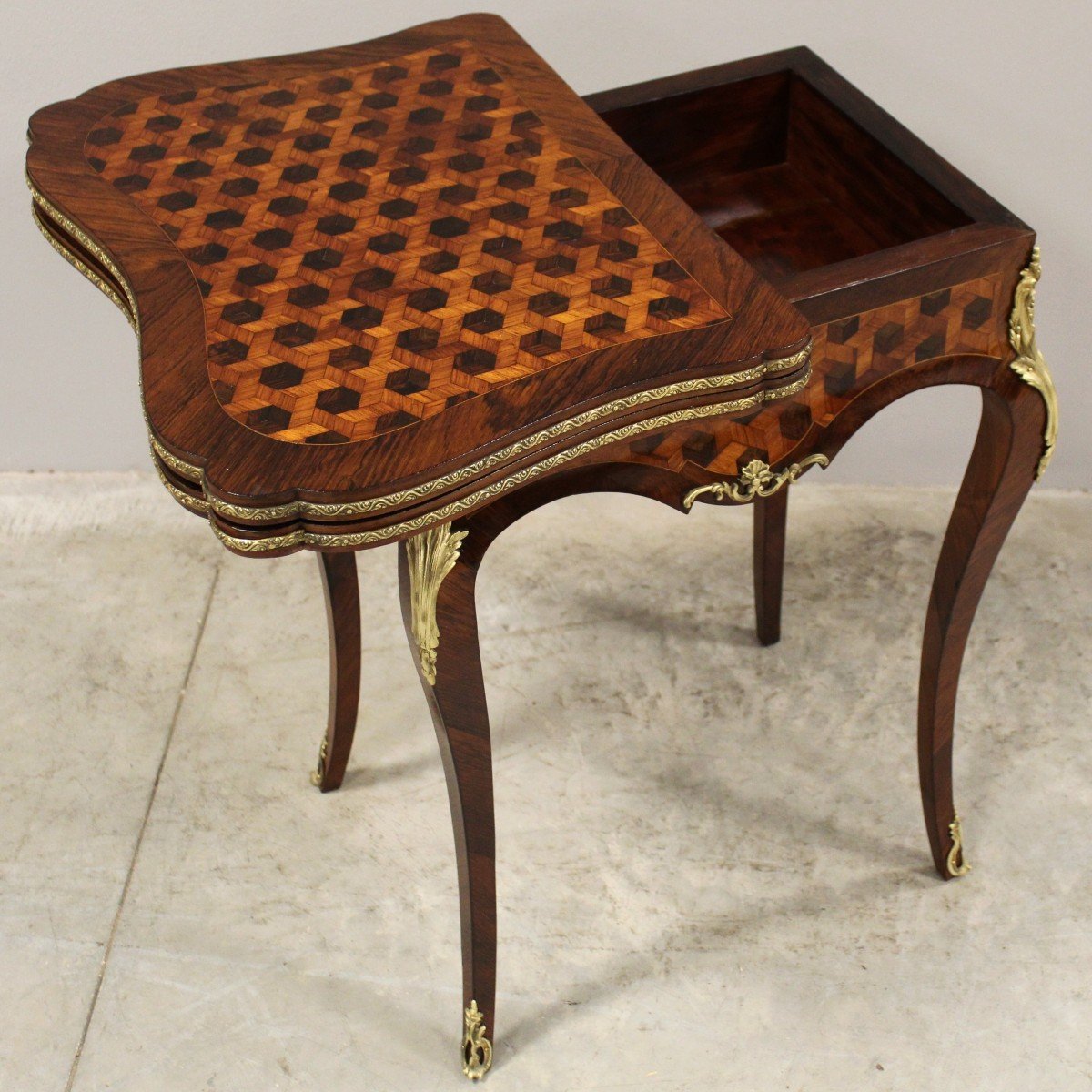 Antique Napoleon III Game Table Console In Marquetry - 19th-photo-6