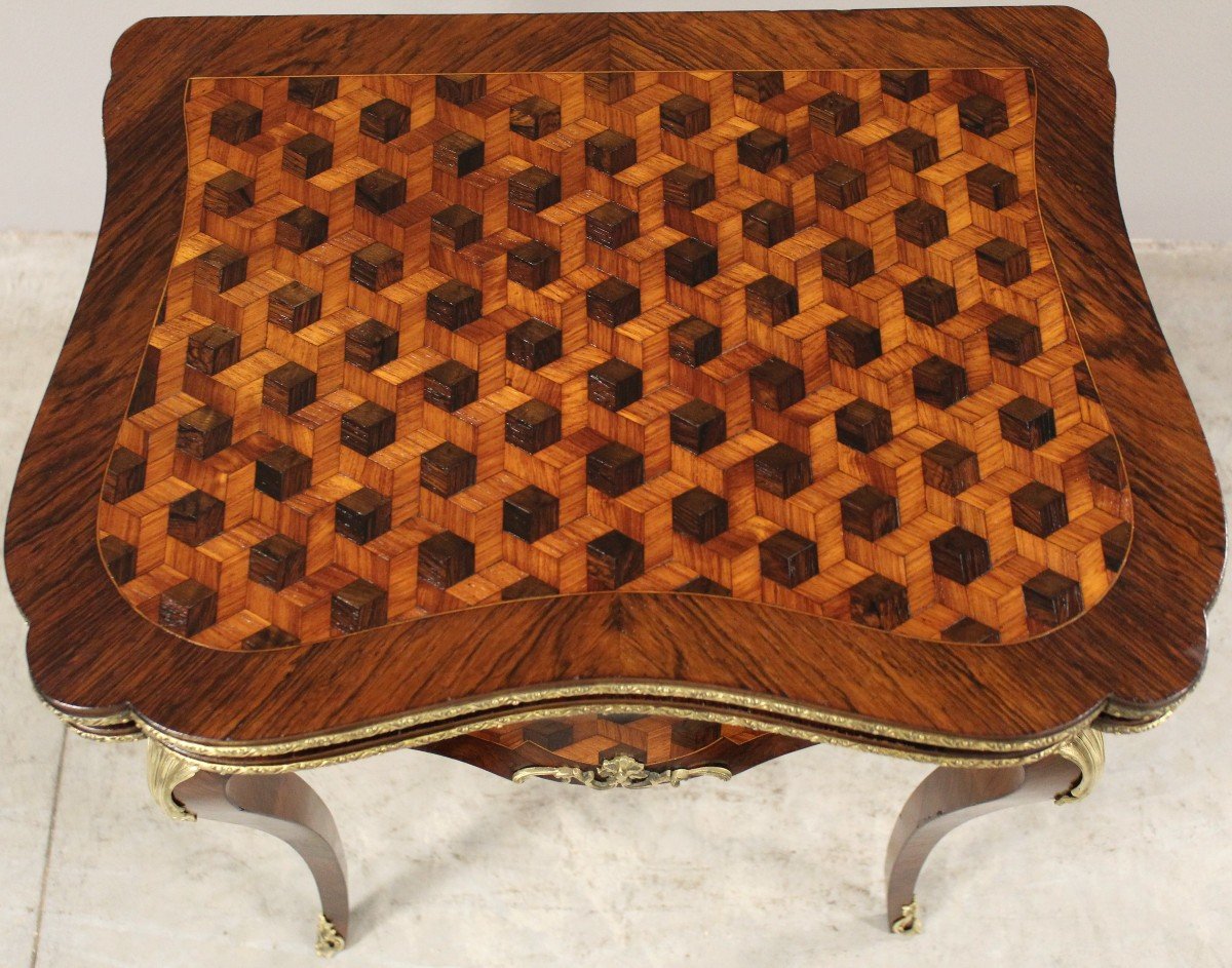 Antique Napoleon III Game Table Console In Marquetry - 19th-photo-7