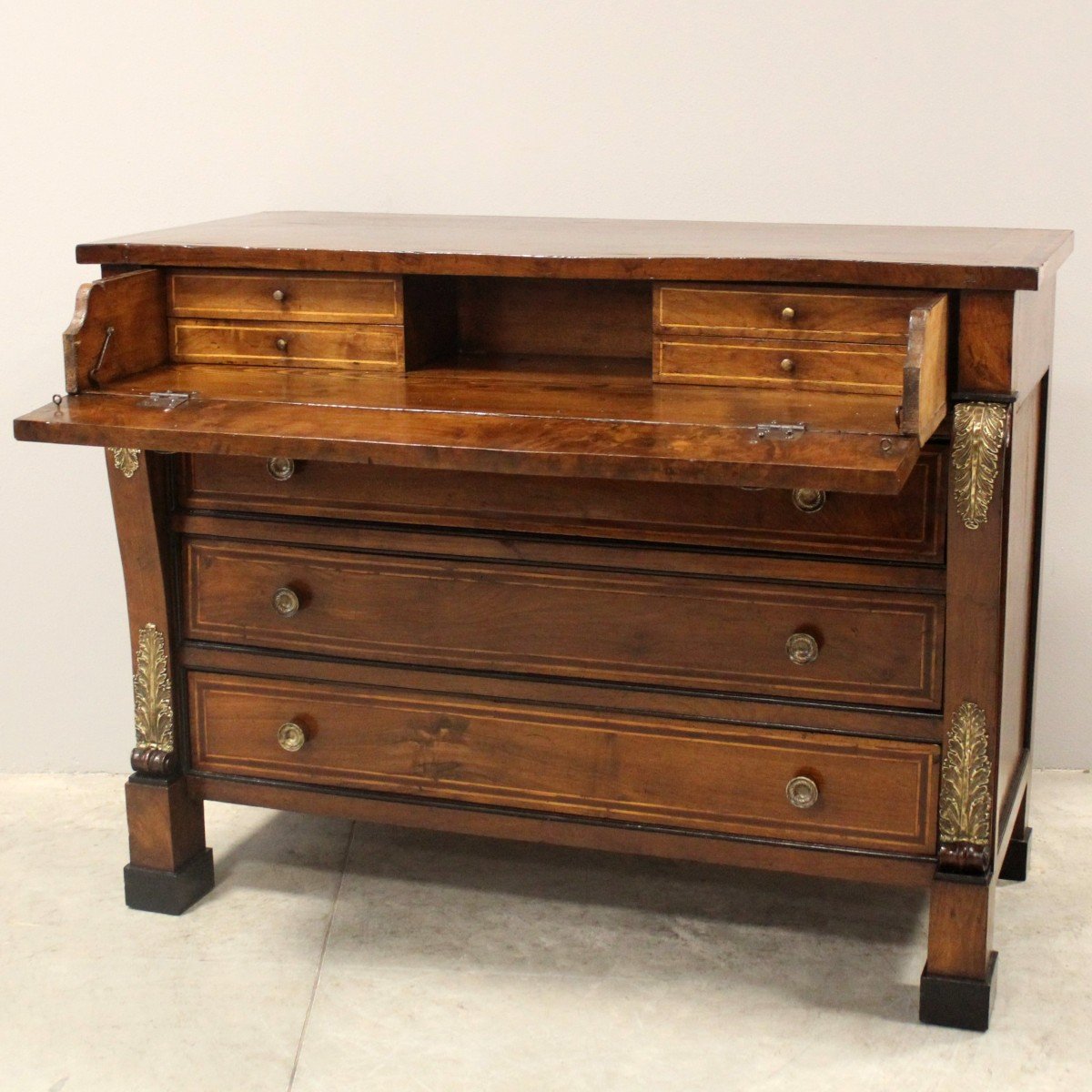 Antique Empire Chest Of Drawers Slope Desk In Walnut And Marquetry - Italy 19th-photo-3