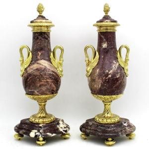 Ancien Paire de Cassolettes Vases d'époque Napoleone III en bronze doré et marbre - 19ème