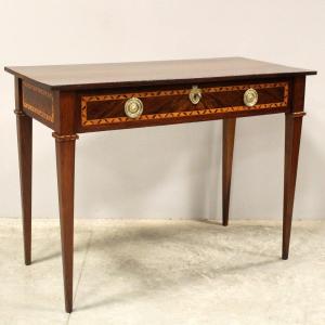 Antique Louis XVI Table Writing Desk In Walnut And Marquetry - Italy 18th