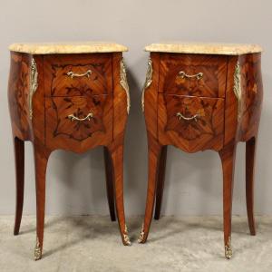 Antique Pair Of Napoleon III Bedsides Nightstands Tables In Marquetry