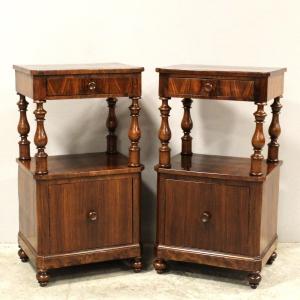 Antique Pair Of Louis Philippe Bedsides Nightstands Tables In Walnut - Italy 19th