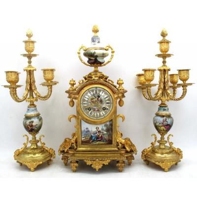 Ancien Garniture - Horloge Pendule d'époque Napoleon III en bronze doré et porcelaine - 19ème signé