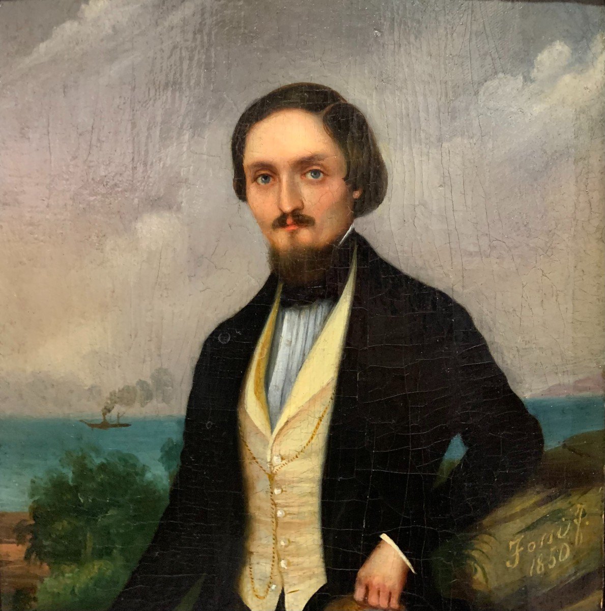 Gentleman Oil Portrait On Canvas - 1850 Fossi-photo-3