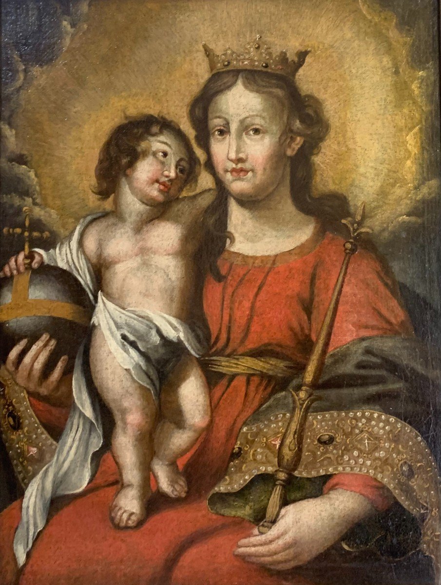 "Vierge à l'Enfant Salvator Mundi"  Peinture Sur Toile - XVIIe Siècle-photo-2