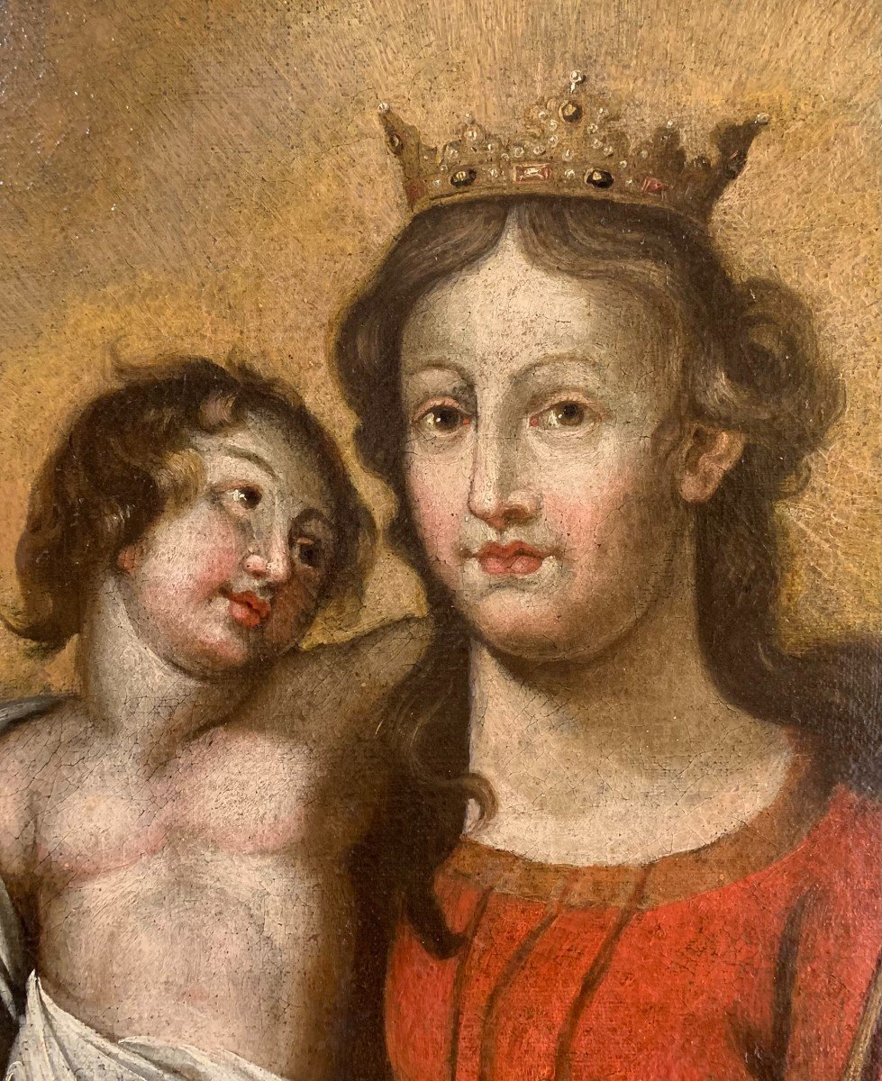 "Vierge à l'Enfant Salvator Mundi"  Peinture Sur Toile - XVIIe Siècle-photo-3