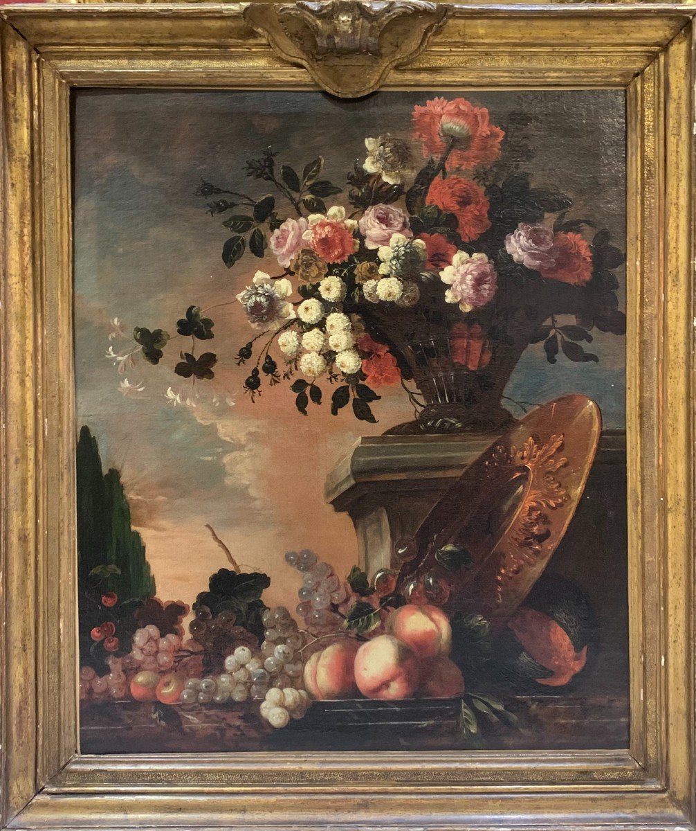 Peinture Sur Toile "nature Morte Au Vase De Fleurs Et De Fruits" Attribuée à Gaspar Lopez.-photo-3